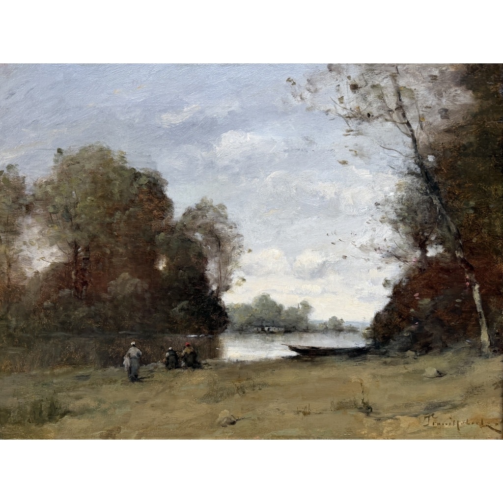 TROUILLEBERT Paul Desire Tableau 19è Ecole Barbizon Lavandières Bord Du Fleuve Huile Certificat 6