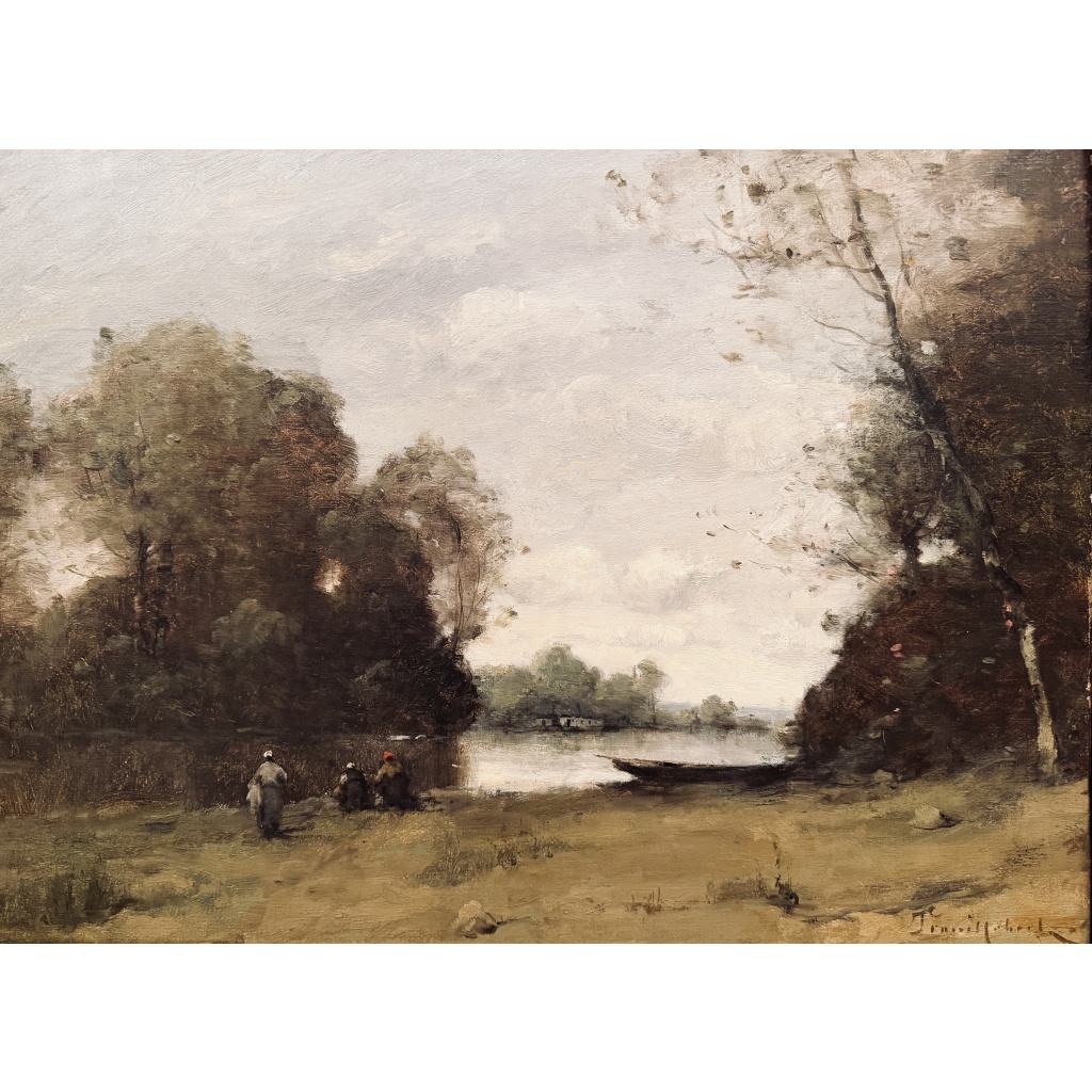 TROUILLEBERT Paul Desire Tableau 19è Ecole de Barbizon Lavandières Au Bord Du Fleuve Huile sut toile Signée Certificat d&rsquo;authenticité 8