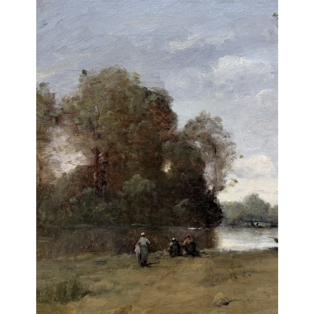 TROUILLEBERT Paul Desire Tableau 19è Ecole Barbizon Lavandières Bord Du Fleuve Huile Certificat 7