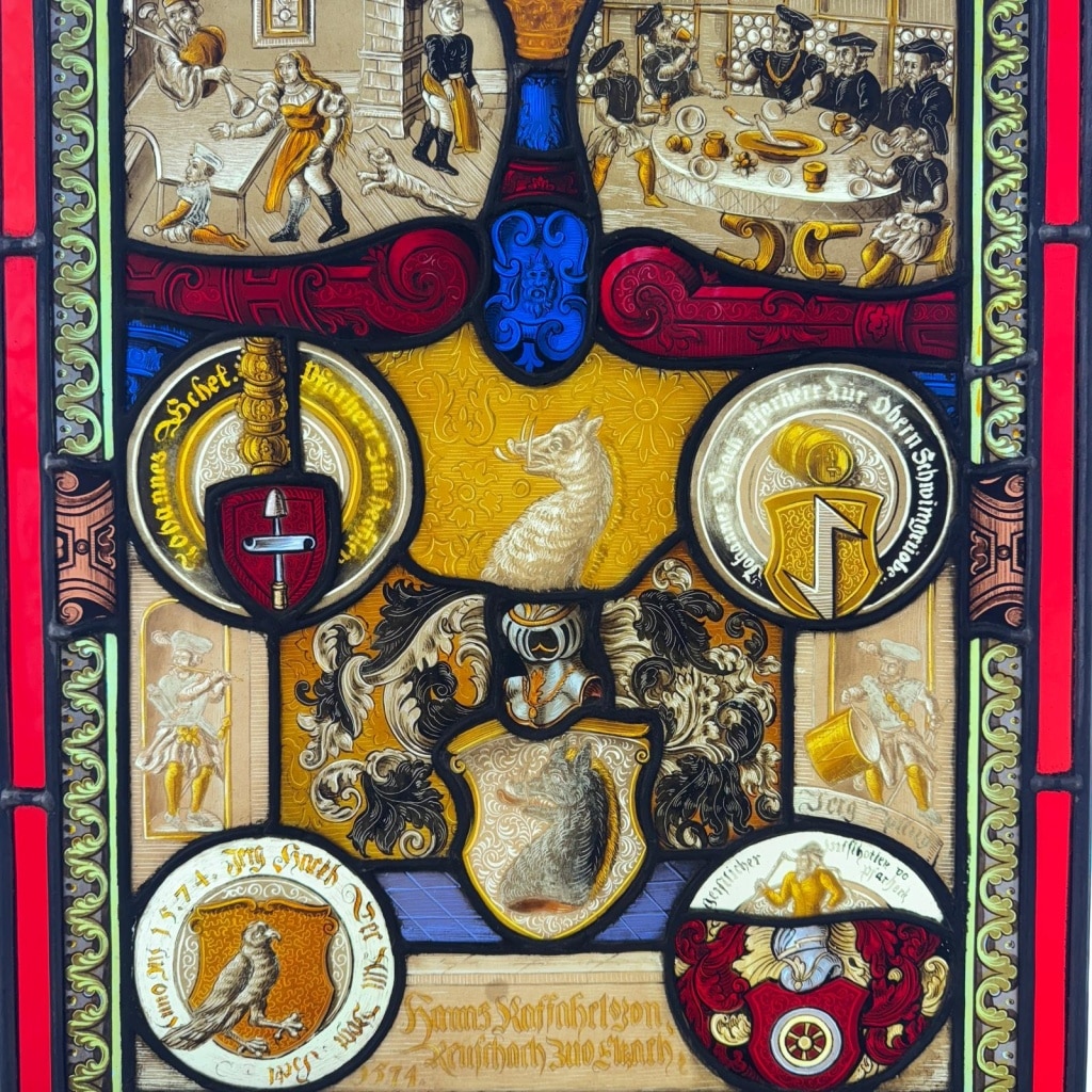 Vitrail aux blasons scènes de convivialité (H54cm L42cm) 4