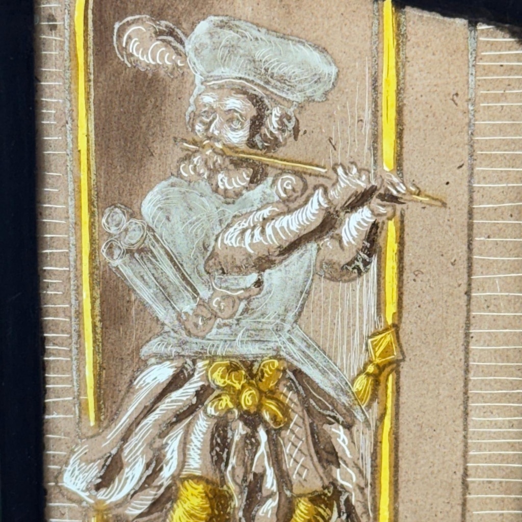 Vitrail aux blasons scènes de convivialité (H54cm L42cm) 15