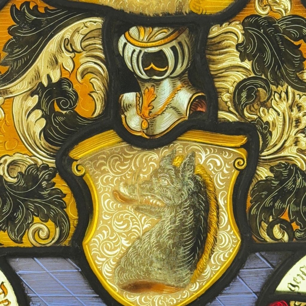 Vitrail aux blasons scènes de convivialité (H54cm L42cm) 7