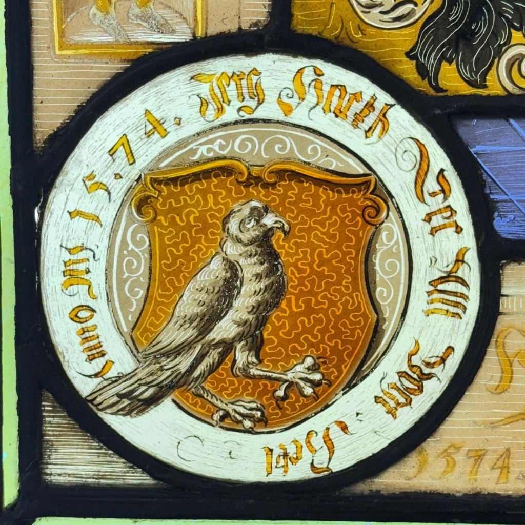 Vitrail aux blasons scènes de convivialité (H54cm L42cm) 8