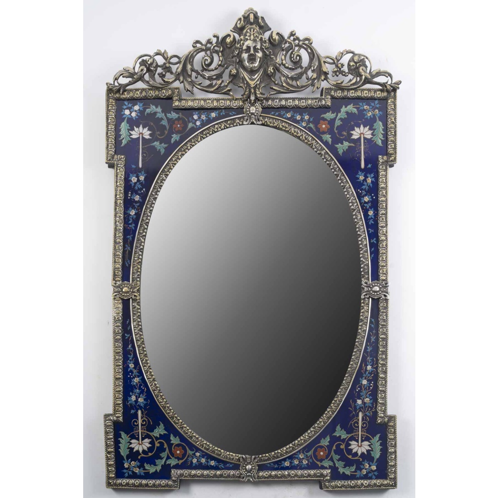 Miroir Art Nouveau en bronze et verre bleu décoré – Époque 1900