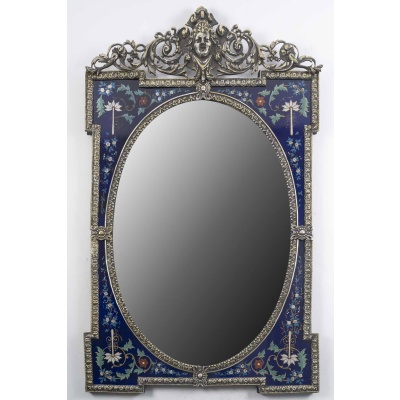 Miroir Art Nouveau en bronze et verre bleu décoré – Époque 1900