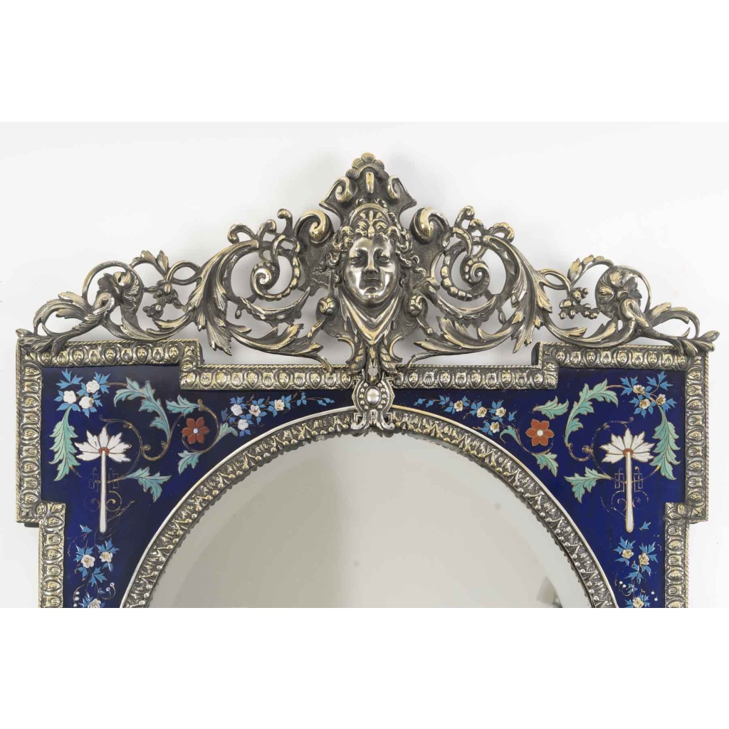 Miroir Art Nouveau en bronze et verre bleu décoré – Époque 1900 3