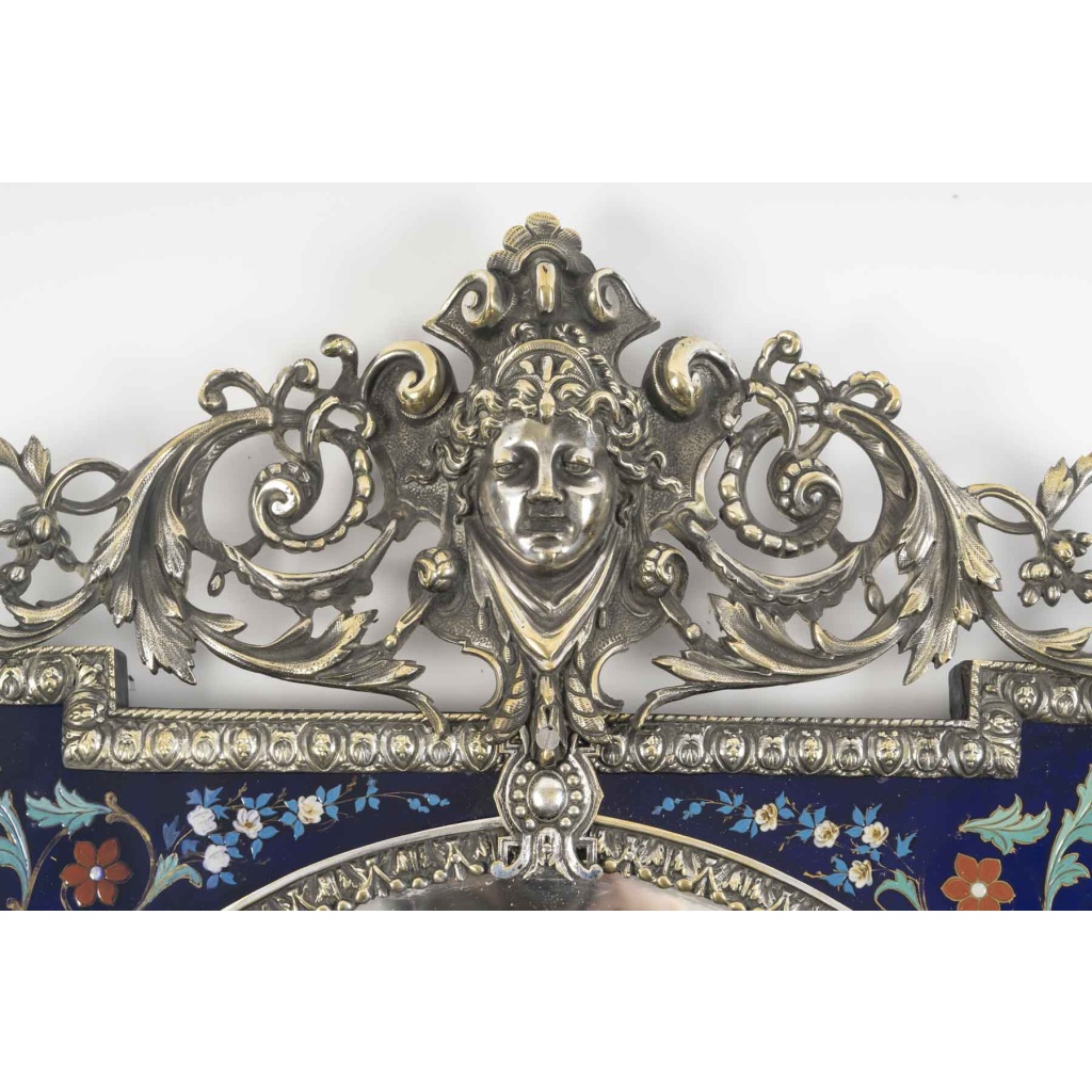 Miroir Art Nouveau en bronze et verre bleu décoré – Époque 1900 4